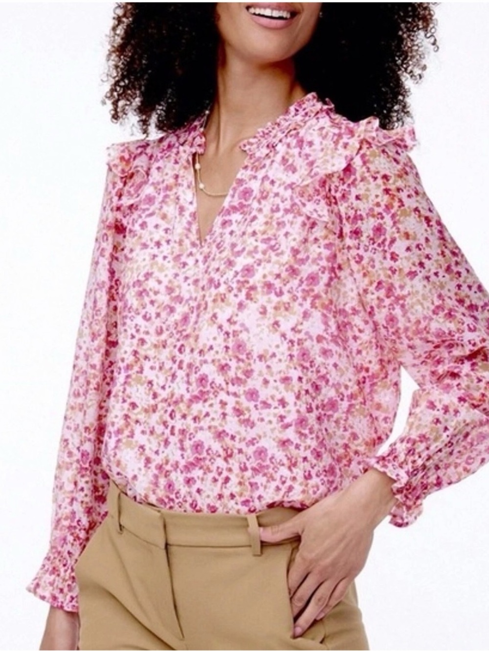 J Crew Pink Floral Ruffled Top Size Medium Long Sleeve Shirt Office Blouse